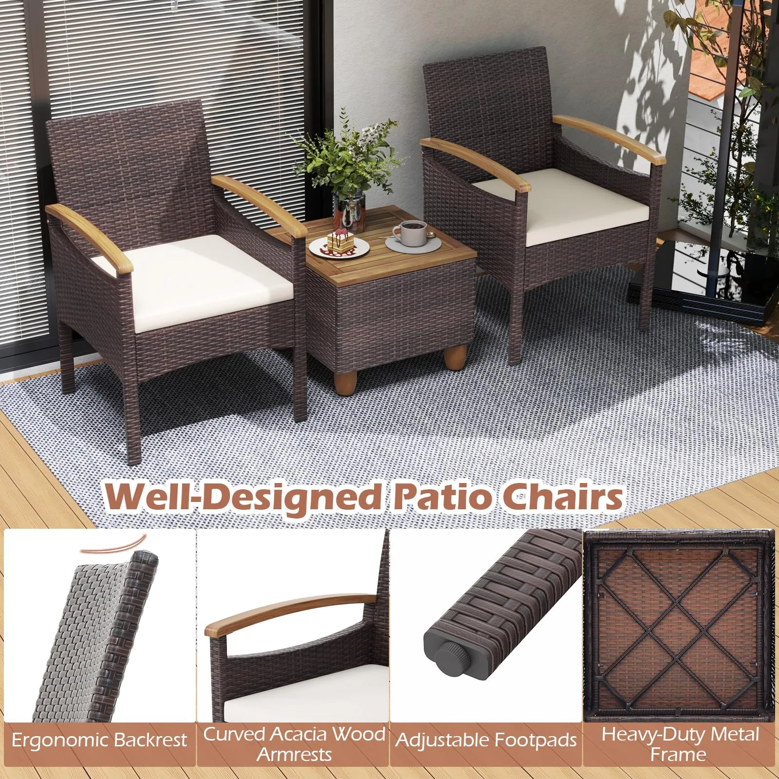 Tangkula Patio Dining Chairs Set, Outdoor Rattan Cushioned Chairs with Acacia Wood Armrest