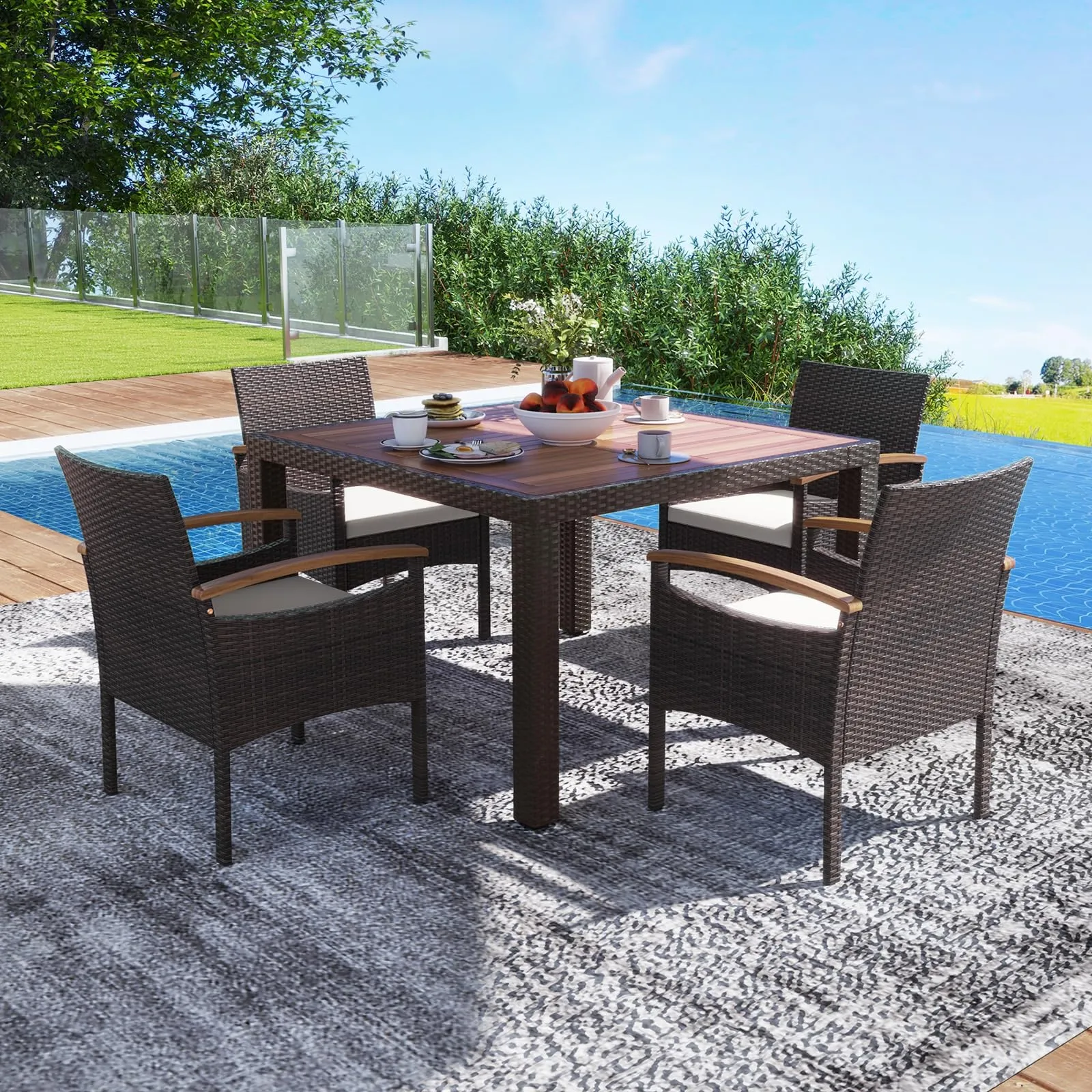 Tangkula Patio Dining Chairs Set, Outdoor Rattan Cushioned Chairs with Acacia Wood Armrest