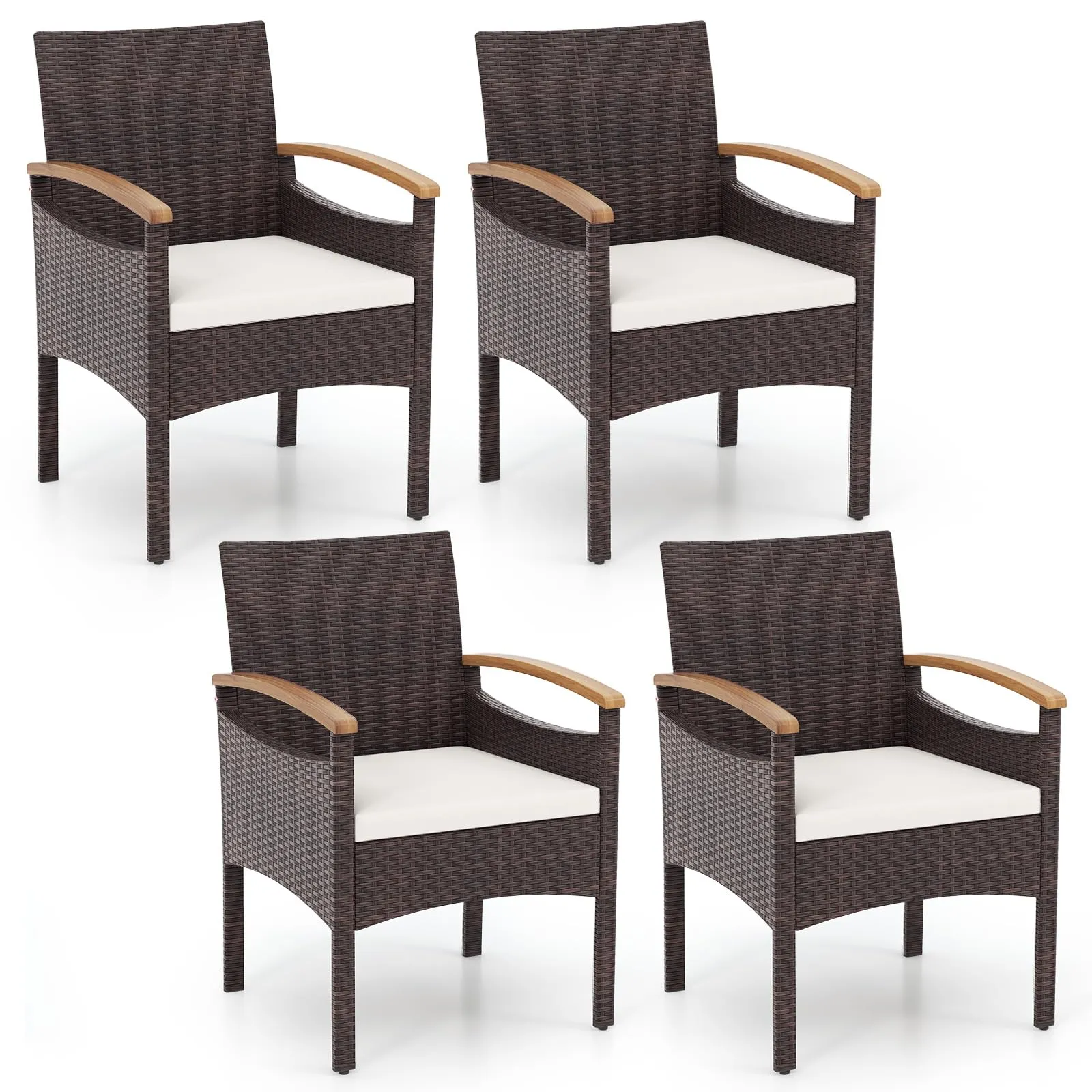 Tangkula Patio Dining Chairs Set, Outdoor Rattan Cushioned Chairs with Acacia Wood Armrest