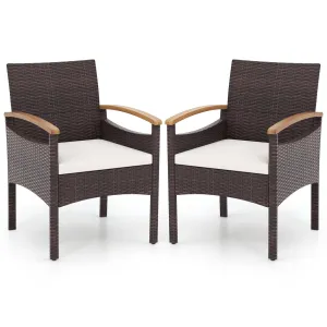 Tangkula Patio Dining Chairs Set, Outdoor Rattan Cushioned Chairs with Acacia Wood Armrest