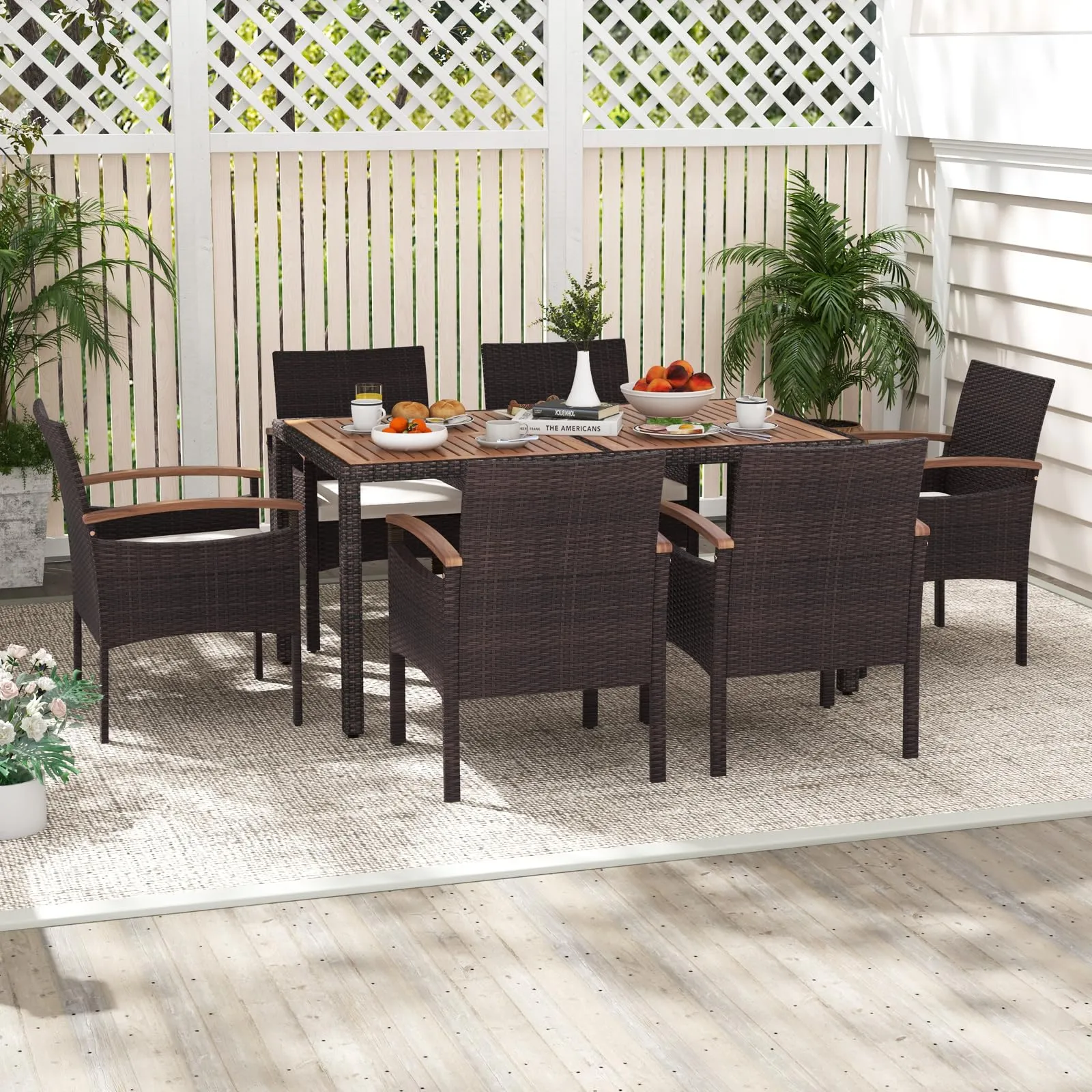 Tangkula Patio Dining Chairs Set, Outdoor Rattan Cushioned Chairs with Acacia Wood Armrest