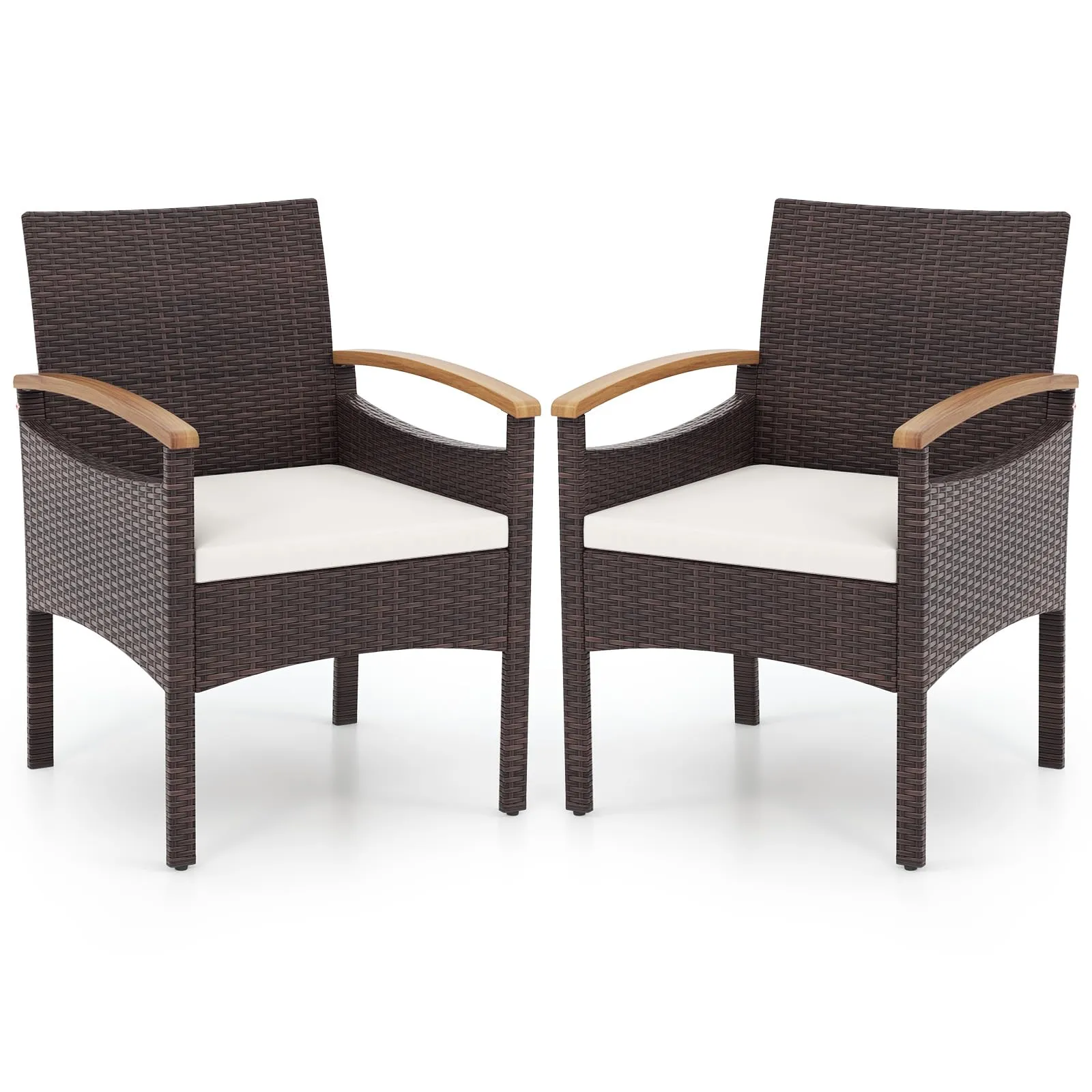 Tangkula Patio Dining Chairs Set, Outdoor Rattan Cushioned Chairs with Acacia Wood Armrest