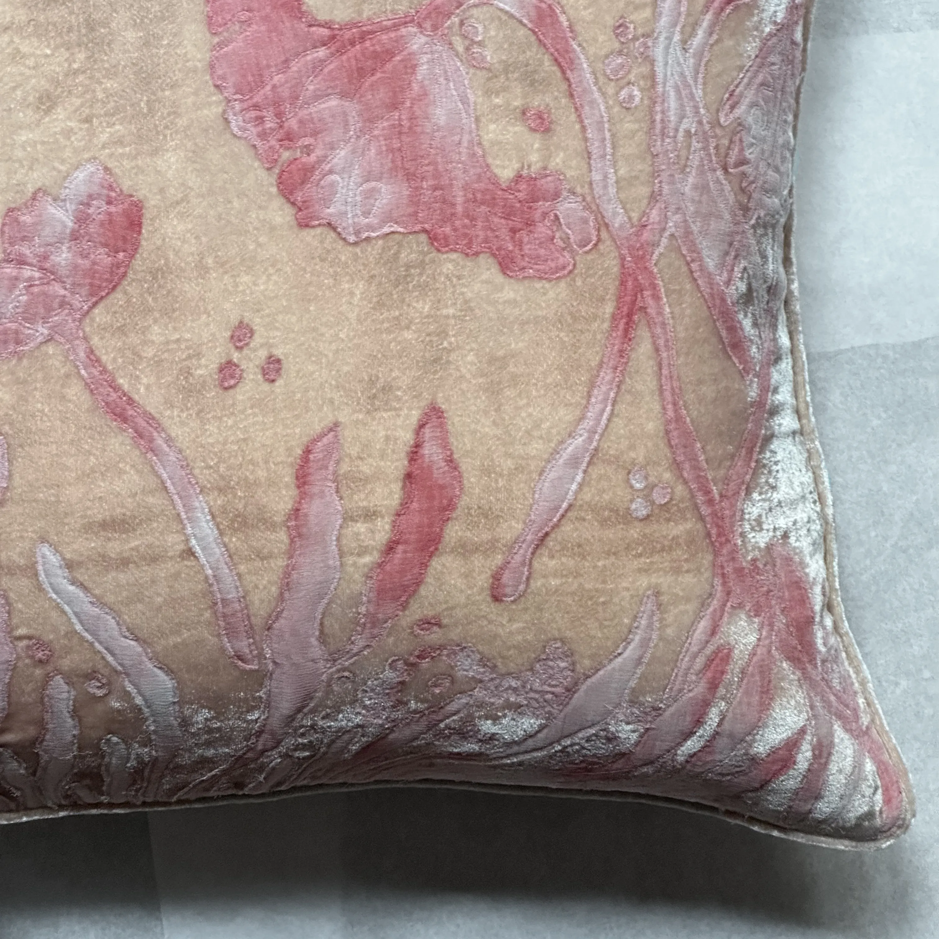 Waterlily Embroidered Silk Velvet Cushion in Rose Quartz