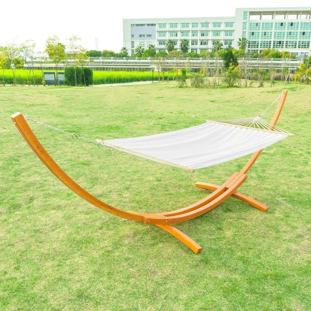 White Cotton Polyester Hammock with 15-ft Pine Wood Stand