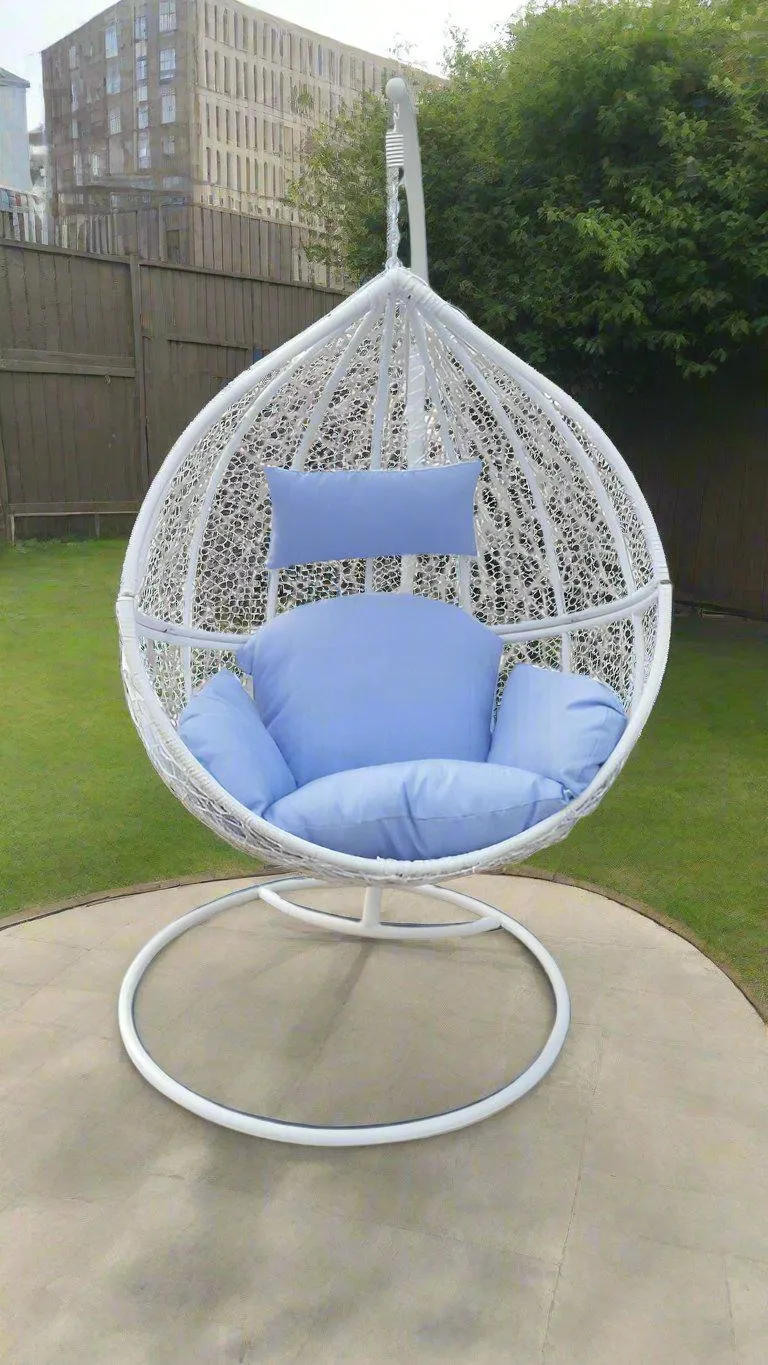 White Wicker w/ Blue Cushions Egg Chair