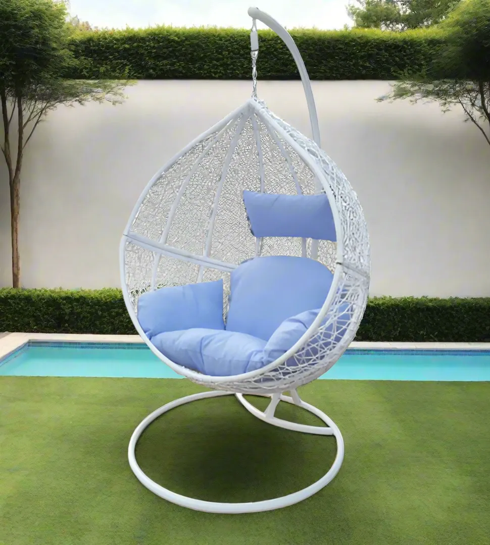 White Wicker w/ Blue Cushions Egg Chair